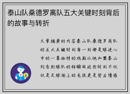泰山队桑德罗离队五大关键时刻背后的故事与转折